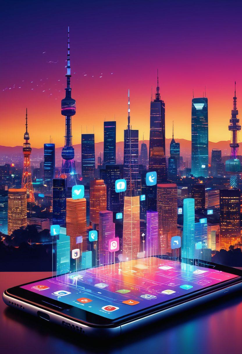 A dynamic illustration featuring a smartphone displaying vibrant blog pages, surrounded by icons of mobile services like 5G, data plans, and social media. In the background, depict a city skyline with telecom towers and colorful digital waves symbolizing connectivity. Include a hint of affordability with price tags floating around. The overall ambiance should convey empowerment, information, and modernity. super-realistic. vibrant colors.