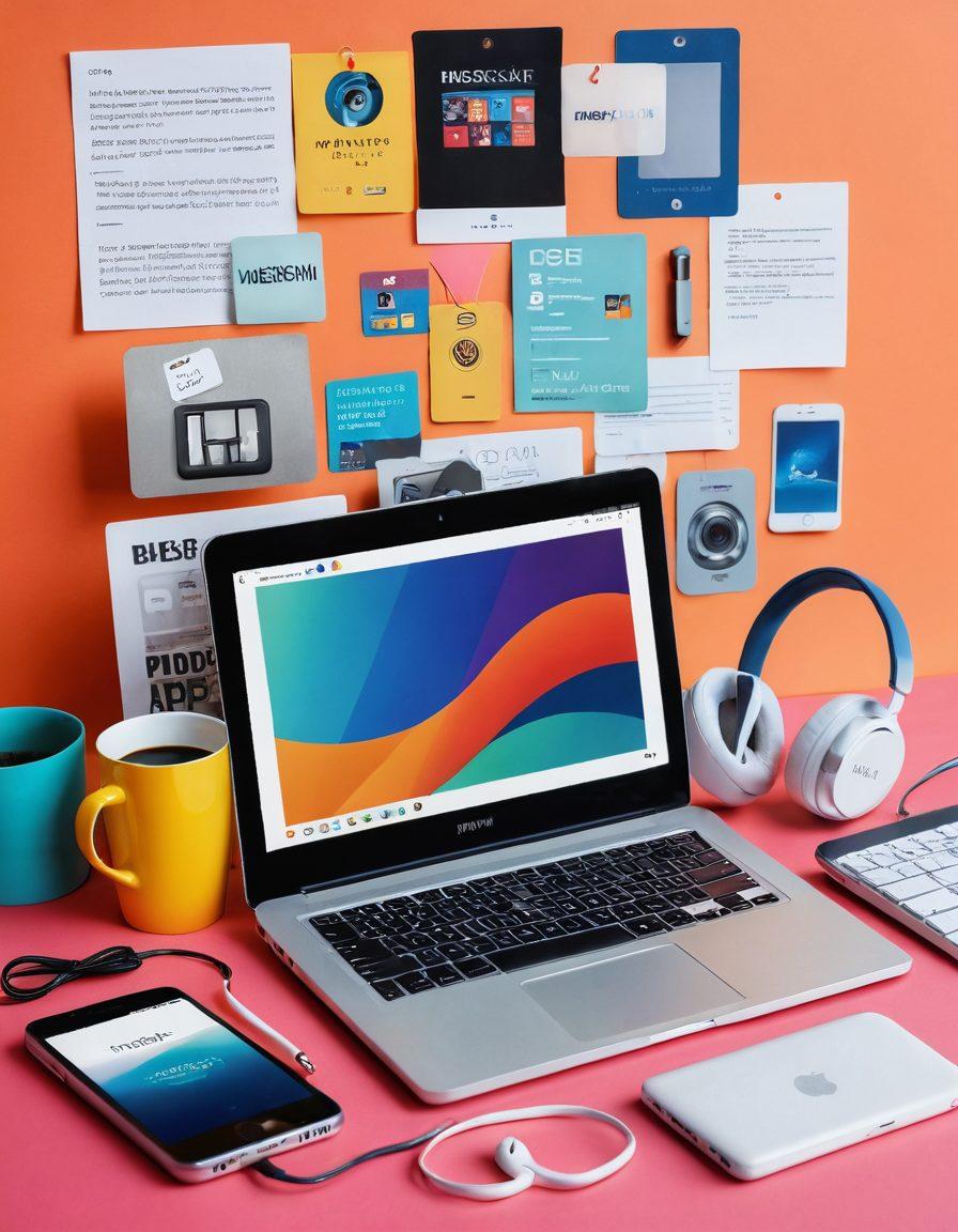 A collage depicting a modern workspace featuring a laptop with a blogging platform open, next to a smartphone showcasing telephony apps, surrounded by smart devices like a voice assistant and wireless headphones. The background subtly includes budget-friendly price tags to emphasize affordability. Bright, engaging colors to attract readers' attention. digital illustration. vibrant colors. sleek design.