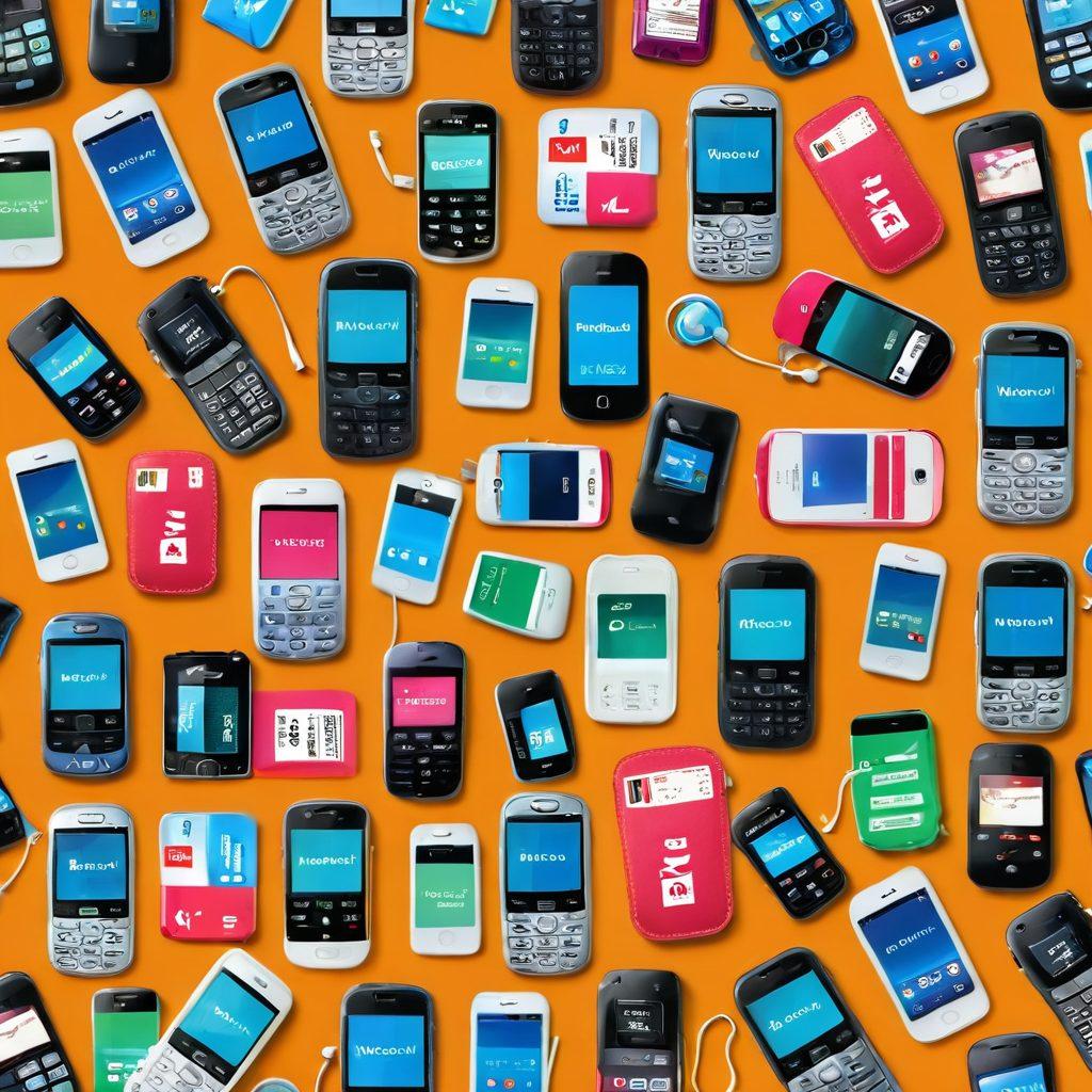A visually engaging collage showcasing various prepaid mobile phones with price tags, alongside trending accessories such as headphones and phone cases. The background features a colorful chart of prepaid plans with clear icons representing data and talk time. Emphasize affordability and accessibility, with a friendly, inviting tone. Include mobile service logos subtly integrated into the design. vibrant colors. vector art.